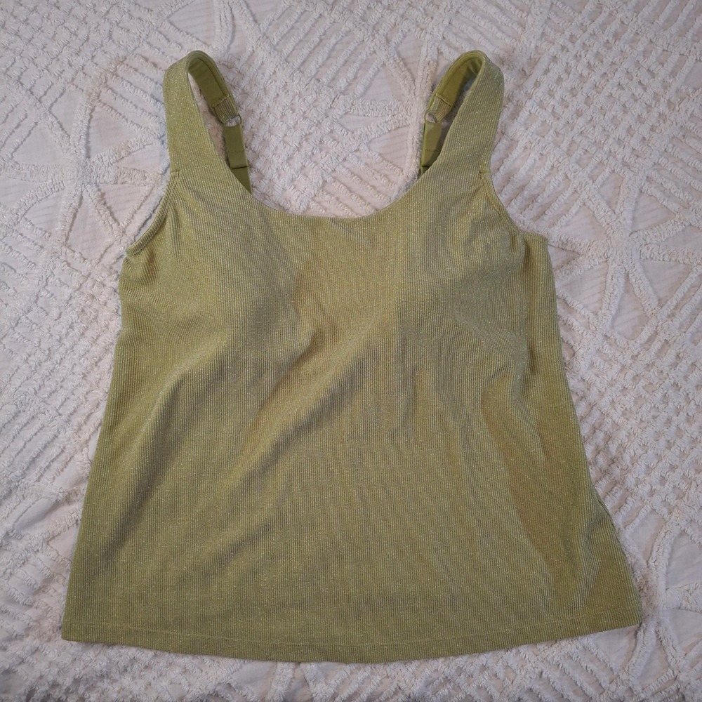 TravelSmith Women's Green Sparkle Ribbed Tank‎ Top w/ Built In Bra 42B